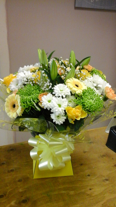 Get well soon flowers bouquet aqua boxed white green yellow GWSB2